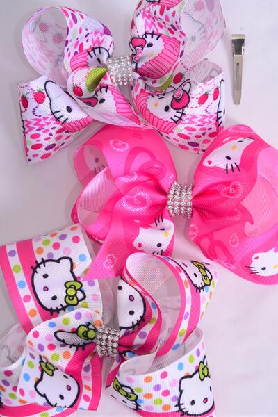 Hair Bow Jumbo Cute Kitty Grosgrain Bow-tie / 12 pcs Bow = Dozen  Alligator Clip , Size - 6" x 5" Wide , 4 of each Pattern Asst , Clip Strip & UPC Code