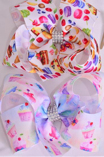 Hair Bow Jumbo Cupcake Macaroon Dessert Cookie Ice Cream Etc Grosgrain Bow-tie / 12 pcs Bow = Dozen  Alligator Clip , Size - 6" x 5" Wide , 6 Of each Pattern Asst , Clip Strip & UPC Code