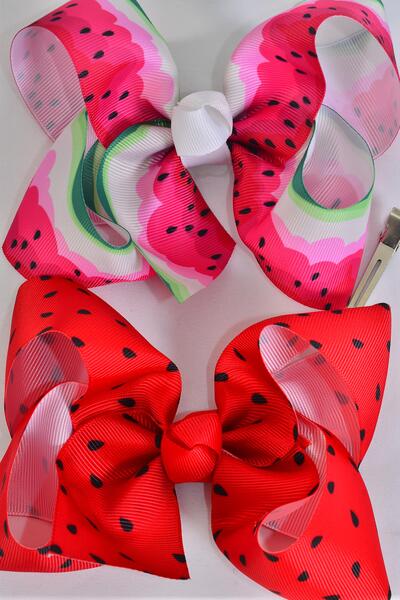 Hair Bow Jumbo Watermelon Pattern Mix Grosgrain Bow-tie / 12 pcs Bow = Dozen  Alligator Clip , Size - 6" x 5" Wide , 6 of each Pattern Asst , Clip Strip and UPC Code