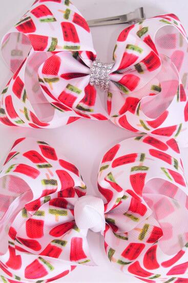 Hair Bow Jumbo Watermelon Popsicle Grosgrain Bow-tie / 12 pcs Bow = Dozen Alligator Clip , Size - 6" x 5" Wide , 6 of each Pattern Asst , Clip Strip & UPC Code