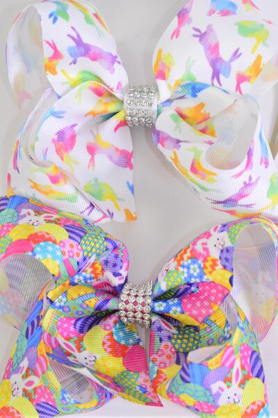 Hair Bow Jumbo Easter Bunny Grosgrain Bow-tie / 12 pcs Bow = Dozen Alligator Clip , Size - 6" x 5" Wide , 6 Of each Pattern Asst , Clip Strip & UPC Code