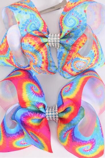 Hair Bow Jumbo Gradient Tiedye Grosgrain Bow-tie /  12 pcs Bow = Dozen Alligator Clip , Size - 6" x 5" Wide , 6 of each Pattern Asst , Clip Strip & UPC Code