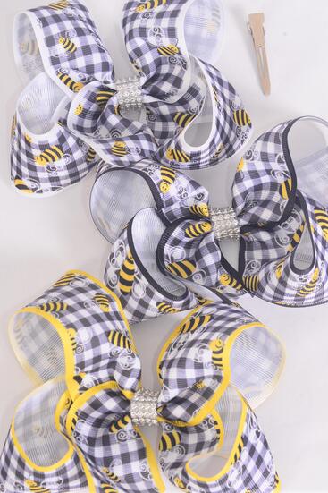 Hair Bow Jumbo Honey Bee Plaid / 12 pcs Bow = Dozen Bee , Alligator Clip , Size - 6" x 5" Wide , 4 Of each Pattern Asst , Clip Strip & UPC Code