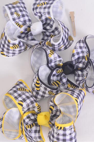 Hair Bow Jumbo Plaid Honey Bee Pattern Mix Grosgrain Bow tie / 12 pcs Bow = Dozen Alligator Clip , Size - 6" x 5" Wide , 4 Of each Pattern Asst , Clip Strip & UPC Code