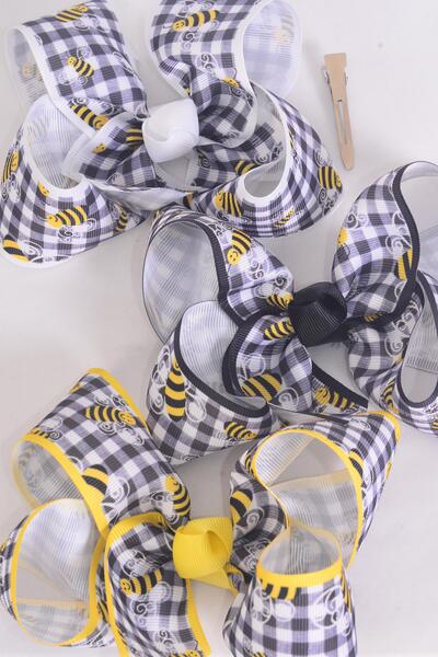 Hair Bow Jumbo Plaid Honey Bee Pattern Mix Grosgrain Bow tie / 12 pcs Bow = Dozen Alligator Clip , Size - 6" x 5" Wide , 4 Of each Pattern Asst , Clip Strip & UPC Code