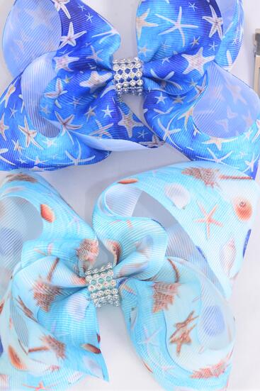 Hair Bow Jumbo Starfish Seashells Grosgrain Bow-tie /  12 pcs Bow = Dozen  Alligator Clip , Bow - 6" x 5" Wide , 6 of each Pattern Asst , Clip Strip & UPC Code