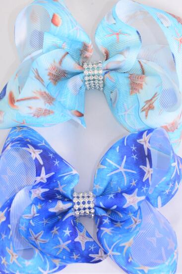 Hair Bow Jumbo Starfish Seashells Grosgrain Bow-tie /  12 pcs Bow = Dozen  Alligator Clip , Bow - 6" x 5" Wide , 6 of each Pattern Asst , Clip Strip & UPC Code