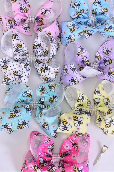 Hair Bow Jumbo Cute Honey Bee W Flowers Grosgrain Bow-tie Pastel / 12 pcs Bow = Dozen Alligator Clip , Size - 6" x 5" , 2 White , 2 Baby Pink , 2 Lavender , 2 Blue , 2 Yellow , 1 Hot Pink , 1 Mint Color Asst , Clip Strip & UPC Code