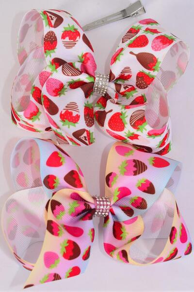 Hair Bow Jumbo Chocolate Covered Strawberries Grosgrain Bow-tie / 12 pcs Bow = Dozen Alligator Clip , Size - 6" x 5" Wide , 6 of each Pattern , Clip Strip & UPC Code