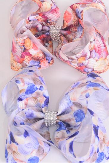 Hair Bow Jumbo Seashell Sand Pattern Mix Grosgrain Bow-tie / 12 pcs Bow = Dozen  Alligator Clip , Bow - 6" x 5" Wide , 6 of each Pattern Asst , Clip Strip & UPC Code