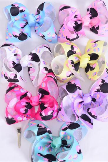 Hair Bow Jumbo Mouse Ear Pastel Grosgrain Bow-tie / 12 pcs Bow = Dozen  Alligator Clip , Size - 6" x 5" Wide , 2 White , 2 Pink , 2 Hot Pink , 2 Lavender, 2 Yellow , 1 Blue , 1 Mint Green Color Asst , Clip Strip & UPC Code