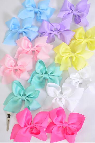 Hair Bow 24 pcs Grosgrain Bow-tie Pastel / 24 pcs Bow = Dozen Alligator Clip , Size - 3.5" x 3" Wide , 2 White , 2 Pink , 2 Yellow , 2 Lavender , 2 Blue , 1 Hot Pink , 1 Mint Green Mix , Clip Strip & UPC Code