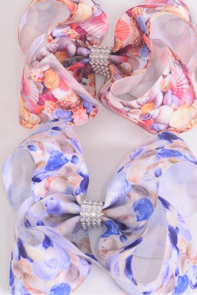 Hair Bow Jumbo Seashell Sand Pattern Mix Grosgrain Bow-tie / 12 pcs Bow = Dozen  Alligator Clip , Bow - 6" x 5" Wide , 6 of each Pattern Asst , Clip Strip & UPC Code