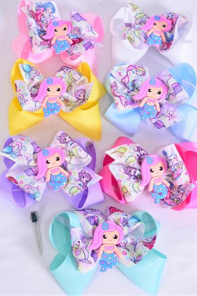 Hair Bow Jumbo Double Layered Mermaid Charm Grosgrain Bow-tie Pastel / 12 pcs Bow = Dozen Alligator Clip , Size - 6" x 5" , 2 White , 2 Pink , 1 Blue , 1 Yellow , 2 Lavender , 2 Hot Pink , 2 Mint Green Color Asst , Clip Strip & UPC Code