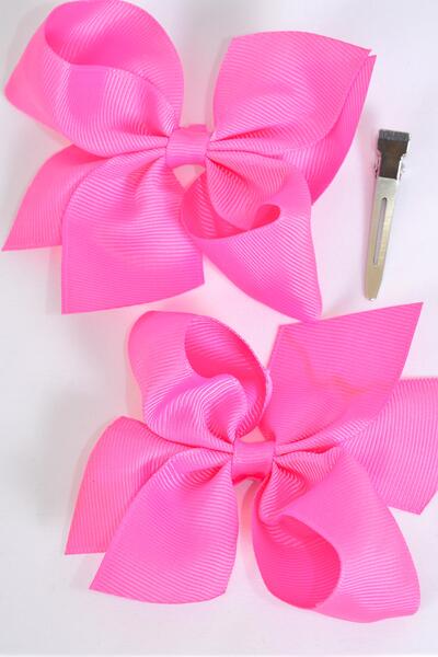 Hair Bow 24 pcs Grosgrain Bow-tie Hot Pink / 24 pcs Bow = Dozen Hot Pink , Alligator Clip , Bow - 3.5" x 3" Wide ,Clip Strip & UPC Code