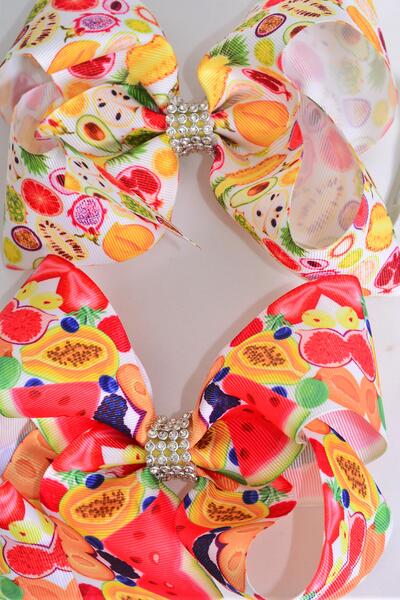 Hair Bow Jumbo Tropical Fruit Mix Grosgrain Bow-tie / 12 pcs Bow = Dozen Alligator Clip , Size - 6" x 5" Wide , 6 of each Pattern Asst , Clip Strip & UPC Code
