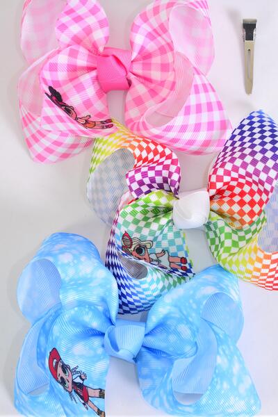 Hair Bow Jumbo LOL Doll Pattern Asst / 12 pcs Bow = Dozen Alligator Clip , Size - 6" x 5" Wide , 4 of each Pattern Asst , Clip Strip & UPC Code