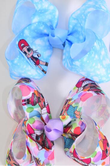 Hair Bow Jumbo LOL Doll Pattern Asst Grosgrain Bow-tie / 12 pcs Bow = Dozen Alligator Clip , Size - 6" x 5" Wide , 6 of each Pattern Asst , Clip Strip & UPC Code