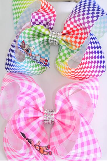 Hair Bow Jumbo LOL Doll Pattern Asst Grosgrain Bow-tie / 12 pcs Bow = Dozen Alligator Clip , Size - 6" x 5" Wide , 6 of each Pattern Asst , Clip Strip & UPC Code