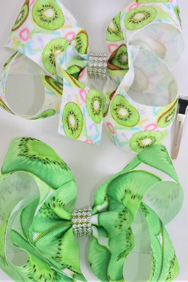 Hair Bow Jumbo Kiwi fruit Grosgrain Bow-tie / 12 pcs Bow = Dozen Alligator Clip , Size - 6" x 5" Wide , 6 Of each Pattern Asst , Clip Strip & UPC Code