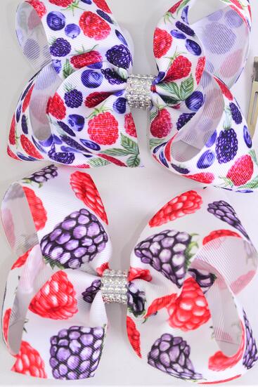 Hair Bow Jumbo Raspberry Black Berry Blueberry Mix Grosgrain Bow-tie / 12 pcs Bow = Dozen Alligator Clip , Size - 6" x 5" Wide , 6 Of Each Pattern Asst , Clip Strip & UPC Code