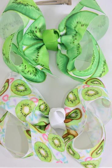 Hair Bow Jumbo Kiwi fruit Grosgrain Bow-tie / 12 pcs Bow = Dozen Kiwi , Alligator Clip , Size - 6" x 5" Wide , 6 Of each Pattern Asst , Clip Strip & UPC Code