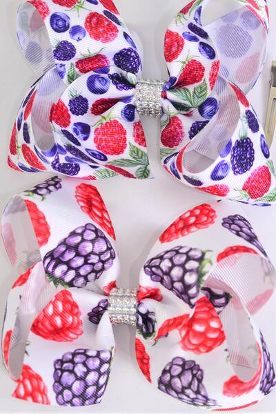 Hair Bow Jumbo Raspberry Black Berry Blueberry Mix Grosgrain Bow-tie / 12 pcs Bow = Dozen Alligator Clip , Size - 6" x 5" Wide , 6 Of Each Pattern Asst , Clip Strip & UPC Code