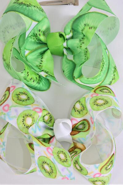 Hair Bow Jumbo Kiwi fruit Grosgrain Bow-tie / 12 pcs Bow = Dozen Kiwi , Alligator Clip , Size - 6" x 5" Wide , 6 Of each Pattern Asst , Clip Strip & UPC Code