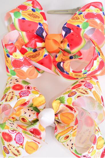 Hair Bow Jumbo Fruit Pattern Mix Grosgrain Bow-tie / 12 pcs Bow = Dozen Alligator Clip , Size - 6" x 5" Wide , 6 of each Pattern Asst , Clip Strip & UPC Code