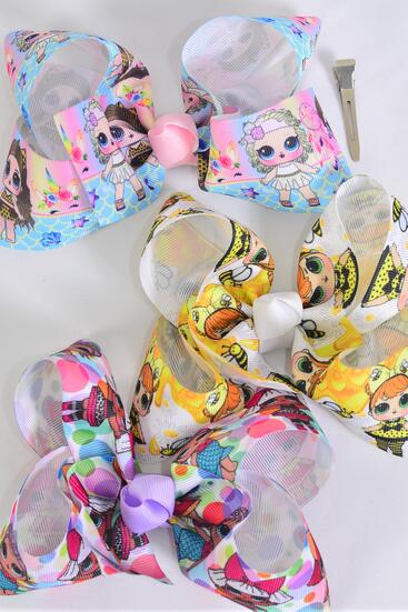 Hair Bow Jumbo LOL Doll Pattern Asst Grosgrain Bow-tie / 12 pcs Bow = Dozen Alligator Clip , Size - 6" x 5" Wide , 4 of each Pattern Asst , Clip Strip and UPC Code