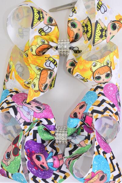 Hair Bow Jumbo LOL Doll Pattern Asst Grosgrain Bow-tie / 12 pcs Bow = Dozen Alligator Clip , Size - 6" x 5" Wide , 6 of each Pattern Asst , Clip Strip & UPC Code