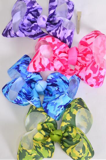 Hair Bow Jumbo Camouflage Grosgrain Bow-tie / 12 pcs Bow = Dozen  Camo , Alligator Clip , Size - 6" x 5" Wide , 3 Of each Color Asst , Clip Strip & UPC Code