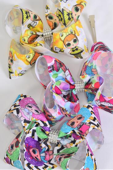 Hair Bow Jumbo LOL Doll Pattern Asst Grosgrain Bow-tie / 12 pcs Bow = Dozen Alligator Clip , Size - 6" x 5" Wide , 4 of each Pattern Asst , Clip Strip and UPC Code