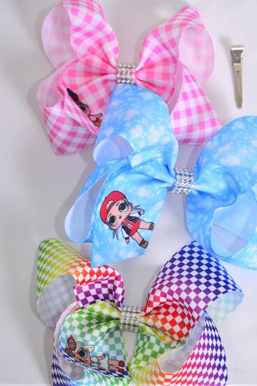 Hair Bow Jumbo Plaid LOL Doll Pattern Asst / 12 pcs Bow = Dozen Alligator Clip , Size - 6" x 5" Wide , 4 of each Pattern Asst , Clip Strip & UPC Code