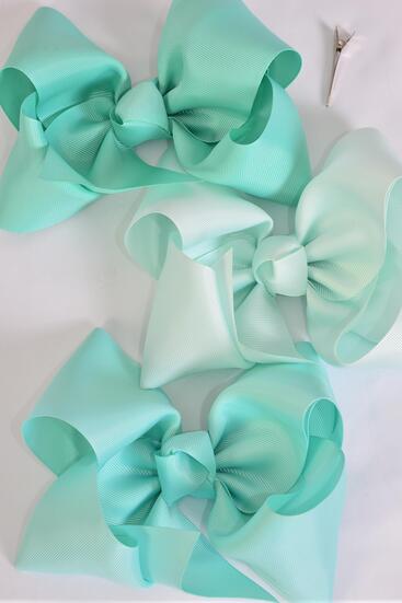Hair Bow Jumbo Mint Green Mix Grosgrain Bow-tie / 12 pcs Bow = Dozen Mint Green Mix , Alligator Clip , Size - 6" x 5" Wide , 4 Tropic , 4 Aqua , 4 Mint Green Color Asst , Clip Strip & UPC Code