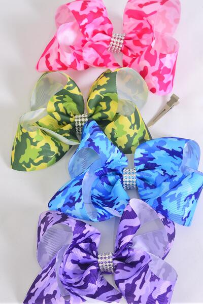 Hair Bow Jumbo Camouflage Grosgrain Bow-tie / 12 pcs Bow = Dozen  Camo , Alligator Clip , Size - 6" x 5" Wide , 3 Of each Color Asst , Clip Strip & UPC Code