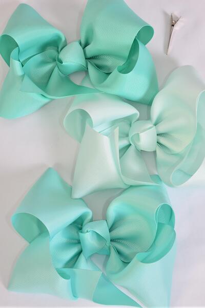 Hair Bow Jumbo Mint Green Mix Grosgrain Bow-tie / 12 pcs Bow = Dozen Mint Green Mix , Alligator Clip , Size - 6" x 5" Wide , 4 Tropic , 4 Aqua , 4 Mint Green Color Asst , Clip Strip & UPC Code