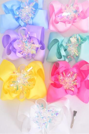 Hair Bow Jumbo Iridescent Grosgrain Bow-tie Pastel / 12 pcs Bow = Dozen Alligator Clip , Size - 6" x 5" Wide , 2 White , 2 Baby Pink , 2 Lavender , 2 Blue , 2 Yellow , 1 Hot Pink , 1 Mint Green Asst , Clip Strip & UPC Code