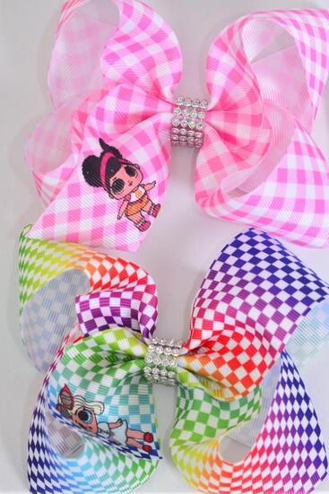 Hair Bow Jumbo LOL Doll Pattern Asst Grosgrain Bow-tie / 12 pcs Bow = Dozen Alligator Clip , Size - 6" x 5" Wide , 6 of each Pattern Asst , Clip Strip & UPC Code