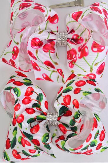 Hair Bow Jumbo Cherry Grosgrain Bow-tie / 12 pcs Bow = Dozen Alligator Clip , Size - 6" x 5" Wide , 6 Of each Pattern Asst , Clip Strip & UPC Code