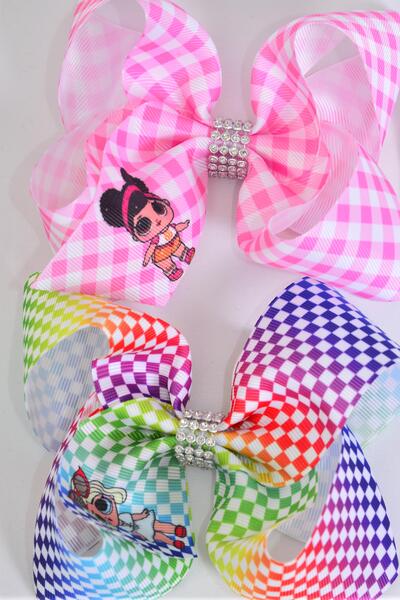 Hair Bow Jumbo LOL Doll Pattern Asst Grosgrain Bow-tie / 12 pcs Bow = Dozen Alligator Clip , Size - 6" x 5" Wide , 6 of each Pattern Asst , Clip Strip & UPC Code