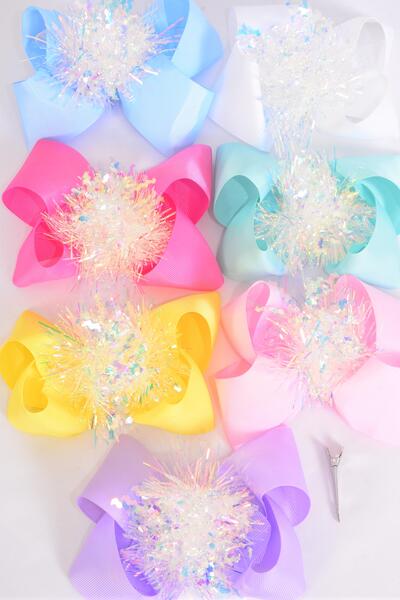 Hair Bow Jumbo Iridescent Grosgrain Bow-tie Pastel / 12 pcs Bow = Dozen Alligator Clip , Size - 6" x 5" Wide , 2 White , 2 Baby Pink , 2 Lavender , 2 Blue , 2 Yellow , 1 Hot Pink , 1 Mint Color Asst , Clip Strip & UPC Code