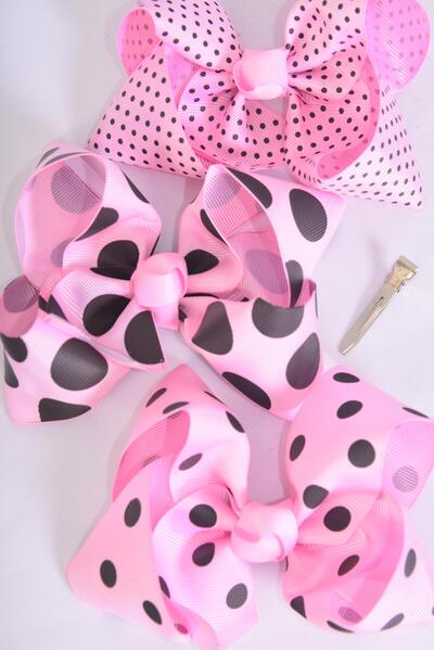 Hair Bow Jumbo Polka dots Grosgrain Bow-tie Baby Pink Mix / 12 pcs Bow = Dozen  Alligator Clip , Size - 6  x 5" Wide , 4 of each Pattern Asst , Clip Strip & UPC Code