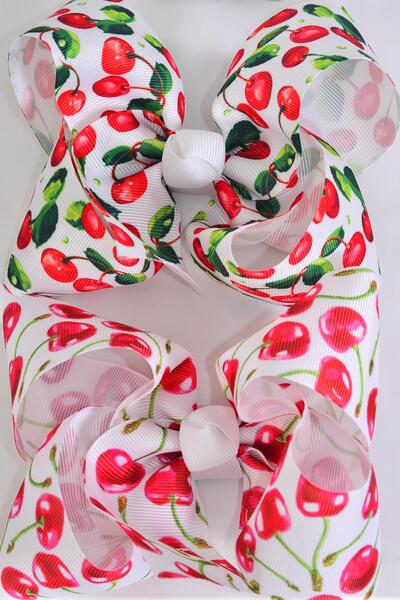 Hair Bow Jumbo Fruit Cherry Pattern Mix Grosgrain Bow-tie / 12 pcs Bow = Dozen Alligator Clip , Size - 6" x 5" Wide , 6 Of each Pattern Asst , Clip Strip & UPC Code