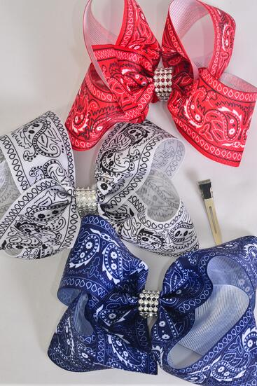 Hair Bow Jumbo Bandana Paisley Grosgrain Bow-tie / 12 pcs Bow = Dozen Alligator Clip , Size - 6" x 5" Wide , 4 Red , 4 White , 4 Navy Color Asst , Clip Strip and UPC Code
