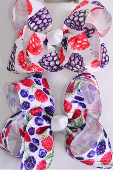 Hair Bow Jumbo Raspberry Black Berry Blueberry Mix Grosgrain Bow-tie / 12 pcs Bow = Dozen Alligator Clip , Size - 6" x 5" Wide , 6 Of Each Pattern Asst , Clip Strip & UPC Code