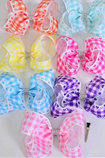 Hair Bow Jumbo Plaid Heart Pastel Grosgrain Bow-tie / 12 pcs Bow = Dozen  Alligator Clip , Size - 6" x 5", 2 Hot Pink , 2 Baby Pink , 2 Mint Green , 2 Purple , 2 Blue , 1 Yellow , 1 Orange Color Asst , Clip Strip & UPC Code