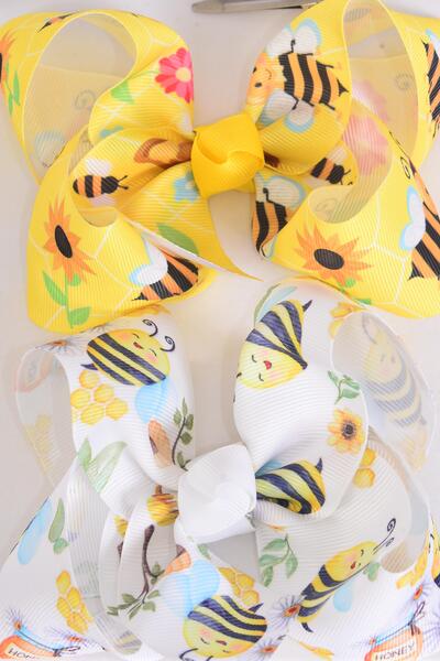 Hair Bow Jumbo Cute Bumble Bee Honey Bees Mix Grosgrain Bow-tie / 12 pcs Bow = Dozen  match 00143  Alligator Clip , Size - 6" x 5" Wide , 6 Of each Pattern Asst , Clip Strip & UPC Code