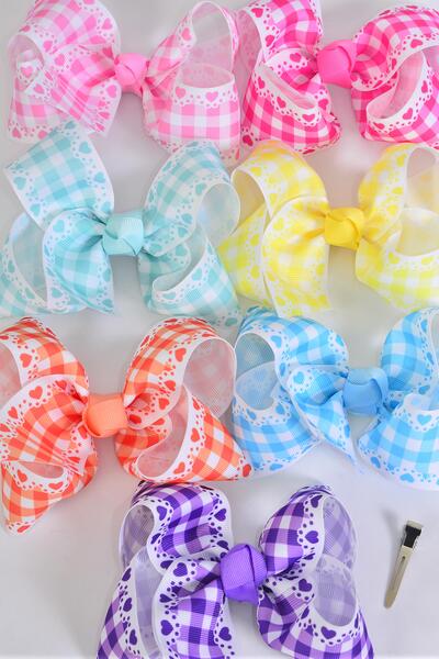 Hair Bow Jumbo Plaid Heart Pastel Grosgrain Bow-tie / 12 pcs Bow = Dozen  Alligator Clip , Size - 6" x 5", 2 Hot Pink , 2 Baby Pink , 2 Mint Green , 2 Purple , 2 Blue , 1 Yellow , 1 Orange Color Asst , Clip Strip & UPC Code