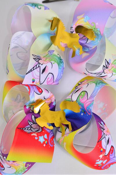 Hair Bow Jumbo Anime Cartoon Unicorn Gradient Gold Unicorn Charm Grosgrain Bow-tie / 12 pcs Bow = Dozen Unicorn , Alligator Clip , Size - 6" x 5", 6 of each Pattern Asst , Clip Strip & UPC Code